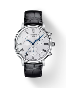 Front view of the watch Tissot Carson Premium 41mm with shadow
