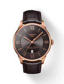 มุมมองด้านหน้าของนาฬิกา Tissot Chemin des Tourelles Powermatic 80 พร้อมเงา