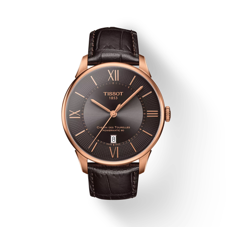 มุมมองด้านหน้าของนาฬิกา Tissot Chemin des Tourelles Powermatic 80 พร้อมเงา