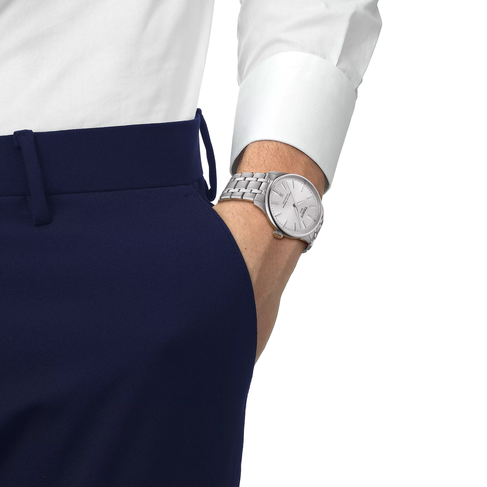 Simulation of the watch Tissot Chemin des Tourelles Powermatic 80 39 mm on a wrist