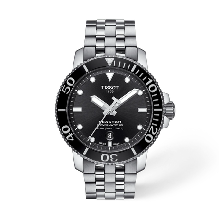 Front view of the watch Tissot Seastar 1000 43mm with shadow