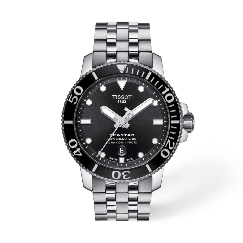 Front view of the watch Tissot Seastar 1000 43mm with shadow
