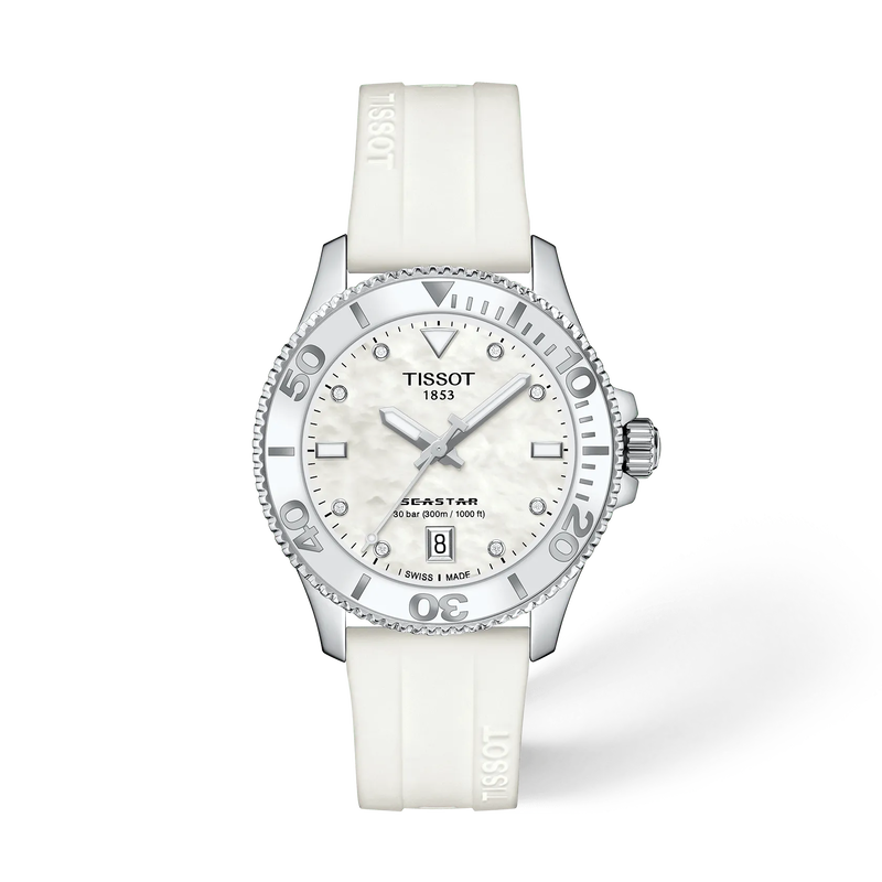 Front view of the watch Tissot Seastar 1000 36mm with shadow