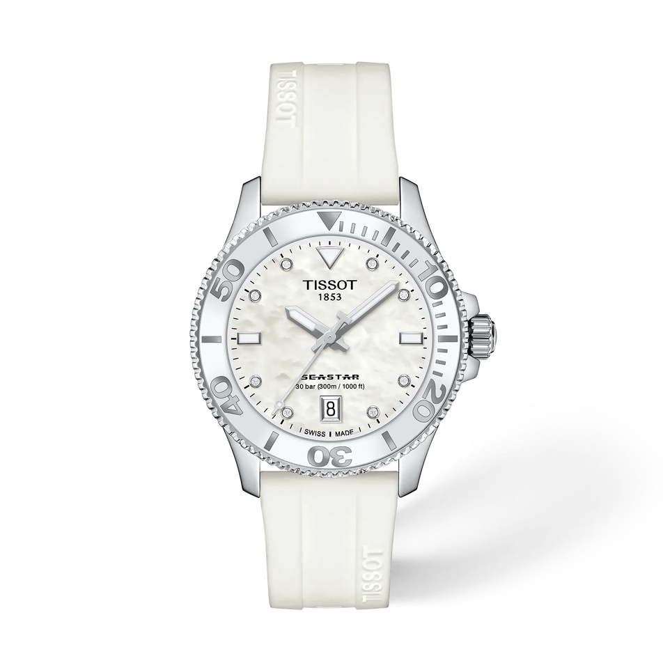 Vorderansicht der Uhr Tissot Seastar 1000 36mm mit Schatten