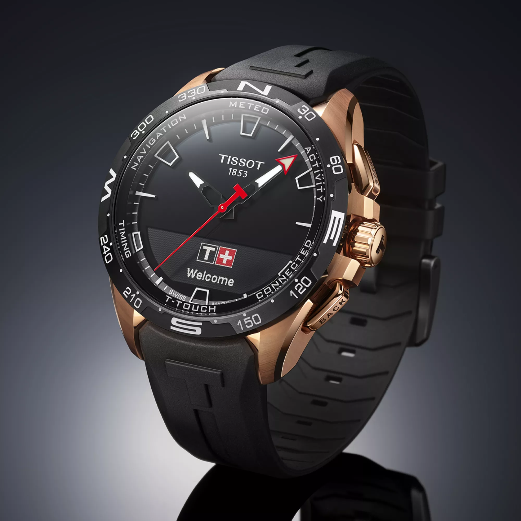 Tissot T-Touch Connect Solar 47.5mm watch on a colored background