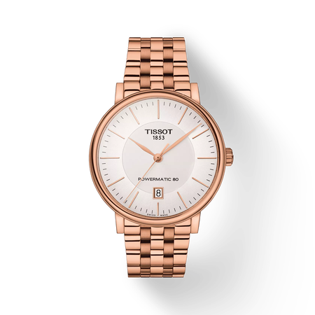 Front view of the watch Tissot Carson Premium Powermatic 80 with shadow