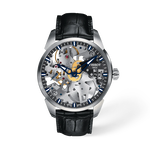 Front view of the watch Tissot T-Complication Skeleton 43mm with shadow