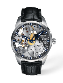 Vista frontal del reloj Tissot T-Complication Squelette 43mm con sombra