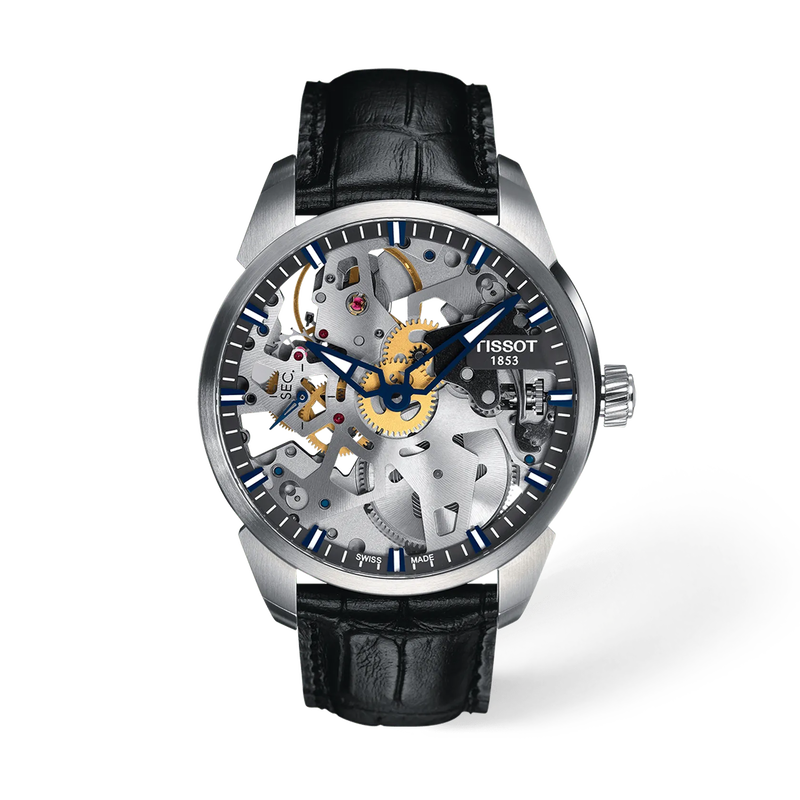 Front view of the watch Tissot T-Complication Squelette 43mm with shadow