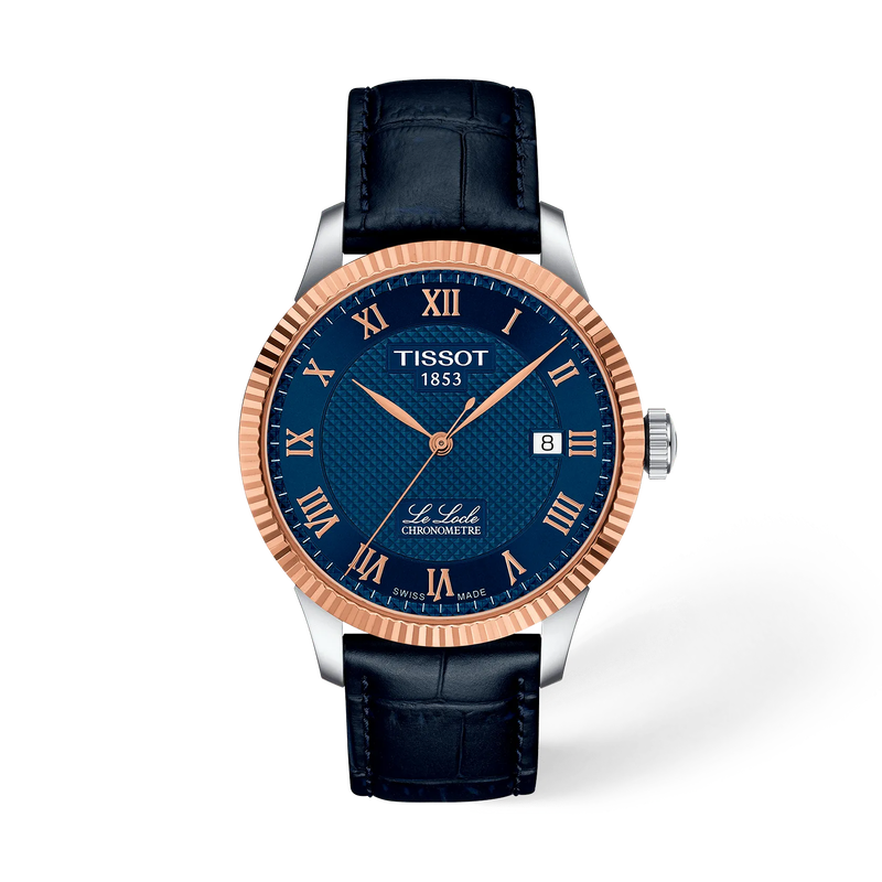 Front view of the watch Tissot Le Locle Gold 39mm with shadow