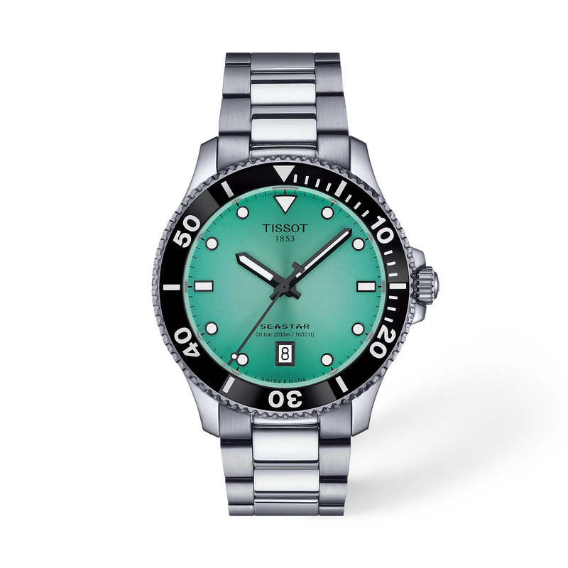 Front view of the watch Tissot Seastar 1000 40mm with shadow