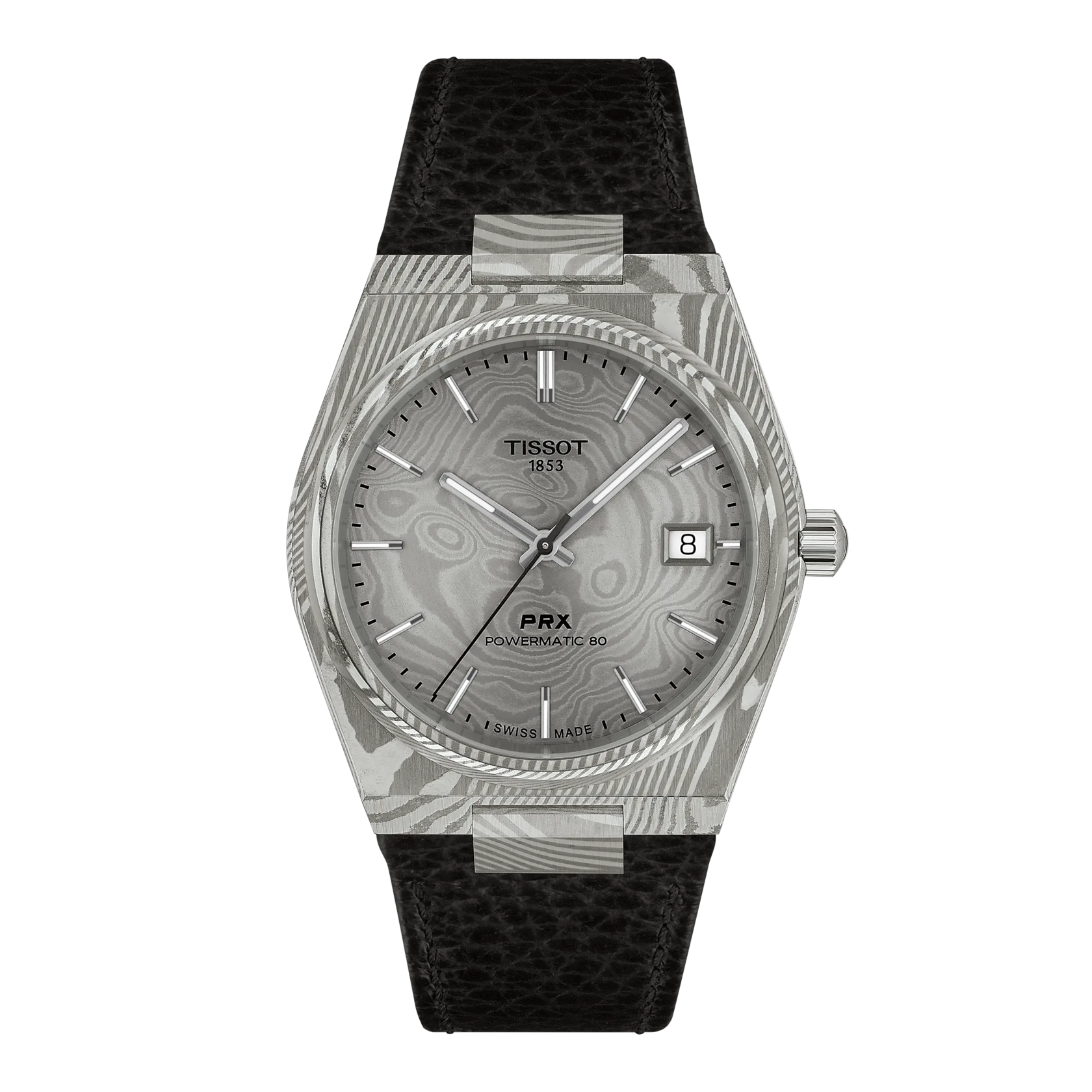 Vue de face de la montre Tissot PRX Acier Damas 38mm