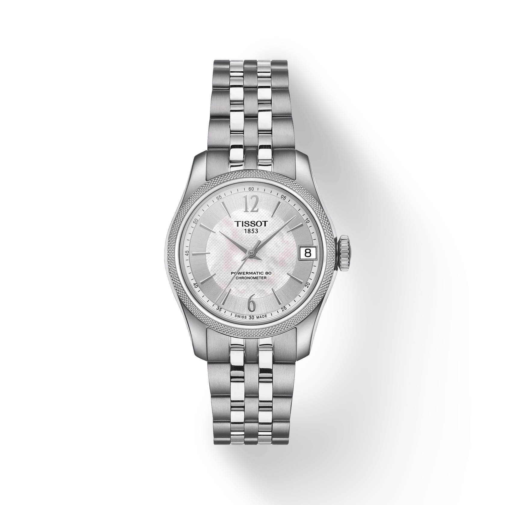 Front view of the watch Tissot Ballade Powermatic 80 COSC Lady with shadow