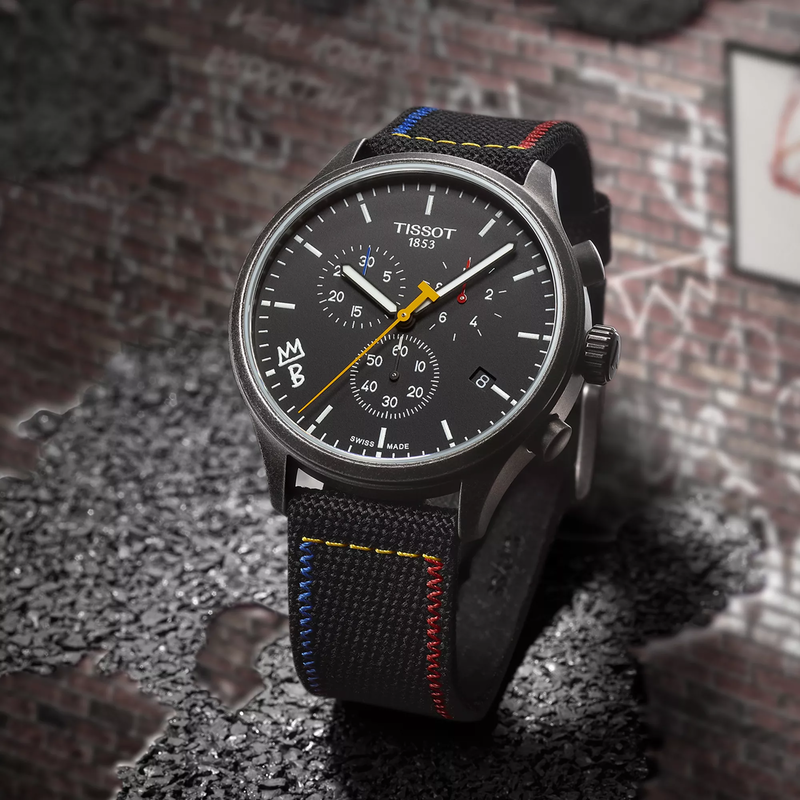 Tissot Chrono XL Brooklyn Nets watch on a colored background