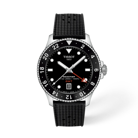 Front view of the watch Tissot Seastar 1000 GMT 40mm with shadow