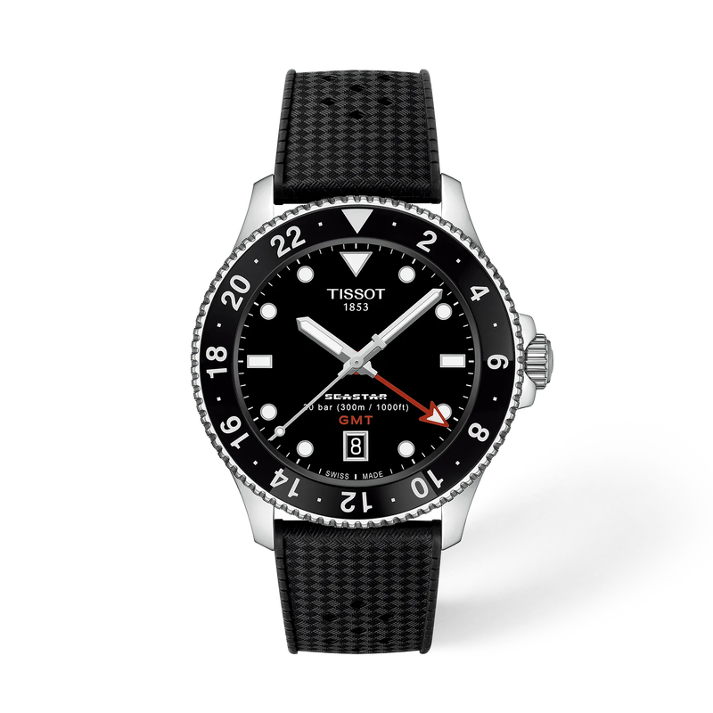 Front view of the watch Tissot Seastar 1000 GMT 40mm with shadow
