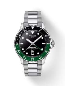 Vue de face de la montre Tissot Seastar 1000 GMT 40mm avec ombre