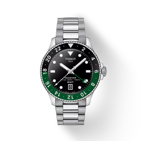 Front view of the watch Tissot Seastar 1000 GMT 40mm with shadow
