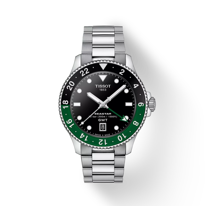 Front view of the watch Tissot Seastar 1000 GMT 40mm with shadow