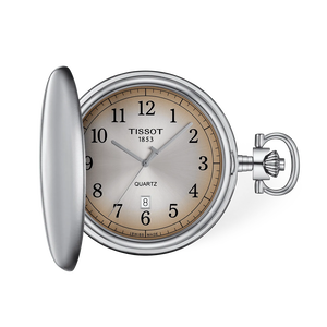 Front view of the watch Tissot Savonnette 48.5mm with shadow