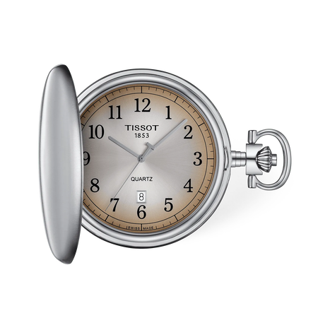 Front view of the watch Tissot Savonnette 48.5mm with shadow