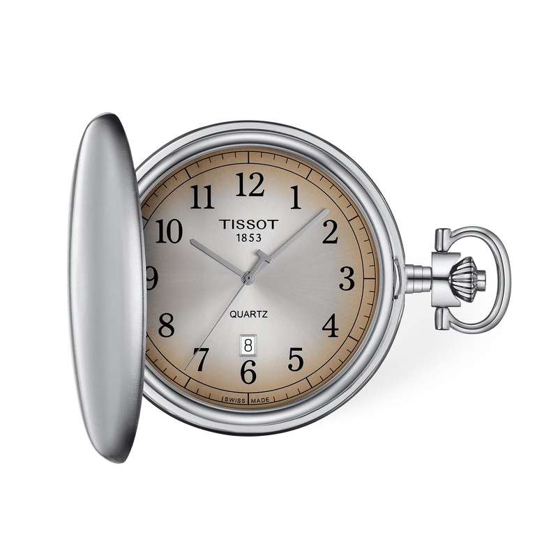 Front view of the watch Tissot Savonnette 48.5mm with shadow