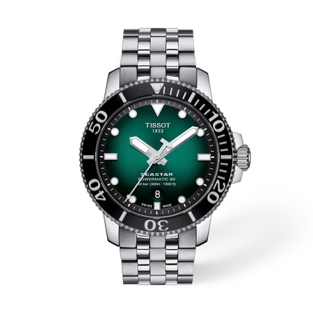 Front view of the watch Tissot Seastar 1000 43mm with shadow