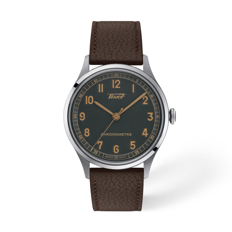 มุมมองด้านหน้าของนาฬิกา Tissot Heritage 1938 39mm พร้อมเงา