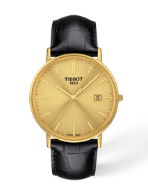 Front view of the watch Tissot Goldrun Gold 38mm with shadow