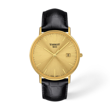 Front view of the watch Tissot Goldrun Gold 38mm with shadow