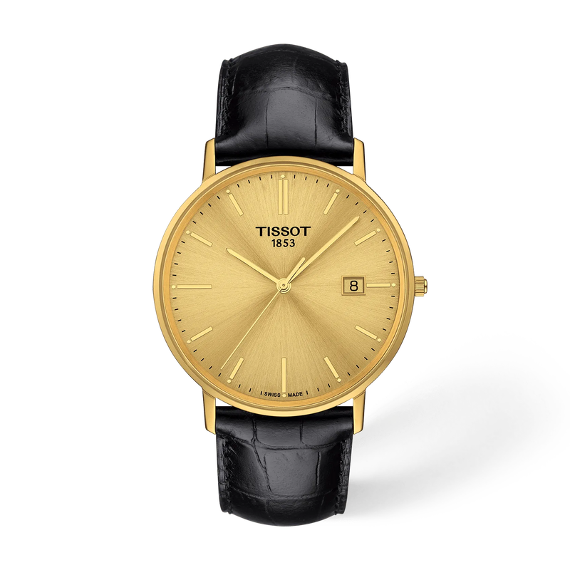 Vorderansicht der Uhr Tissot Goldrun Gold 38mm mit Schatten