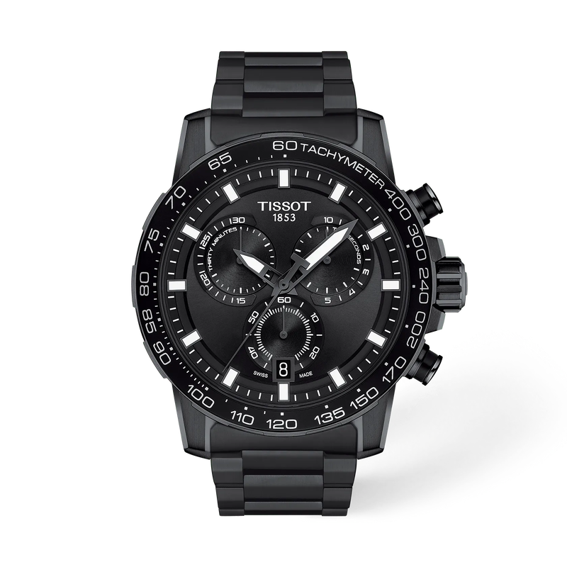 Front view of the watch Tissot Supersport Chrono 45.5mm with shadow