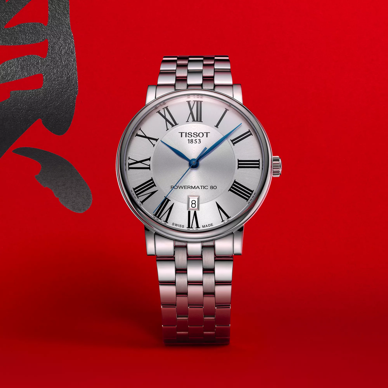 Tissot Carson Premium Powermatic 80 watch on a colored background