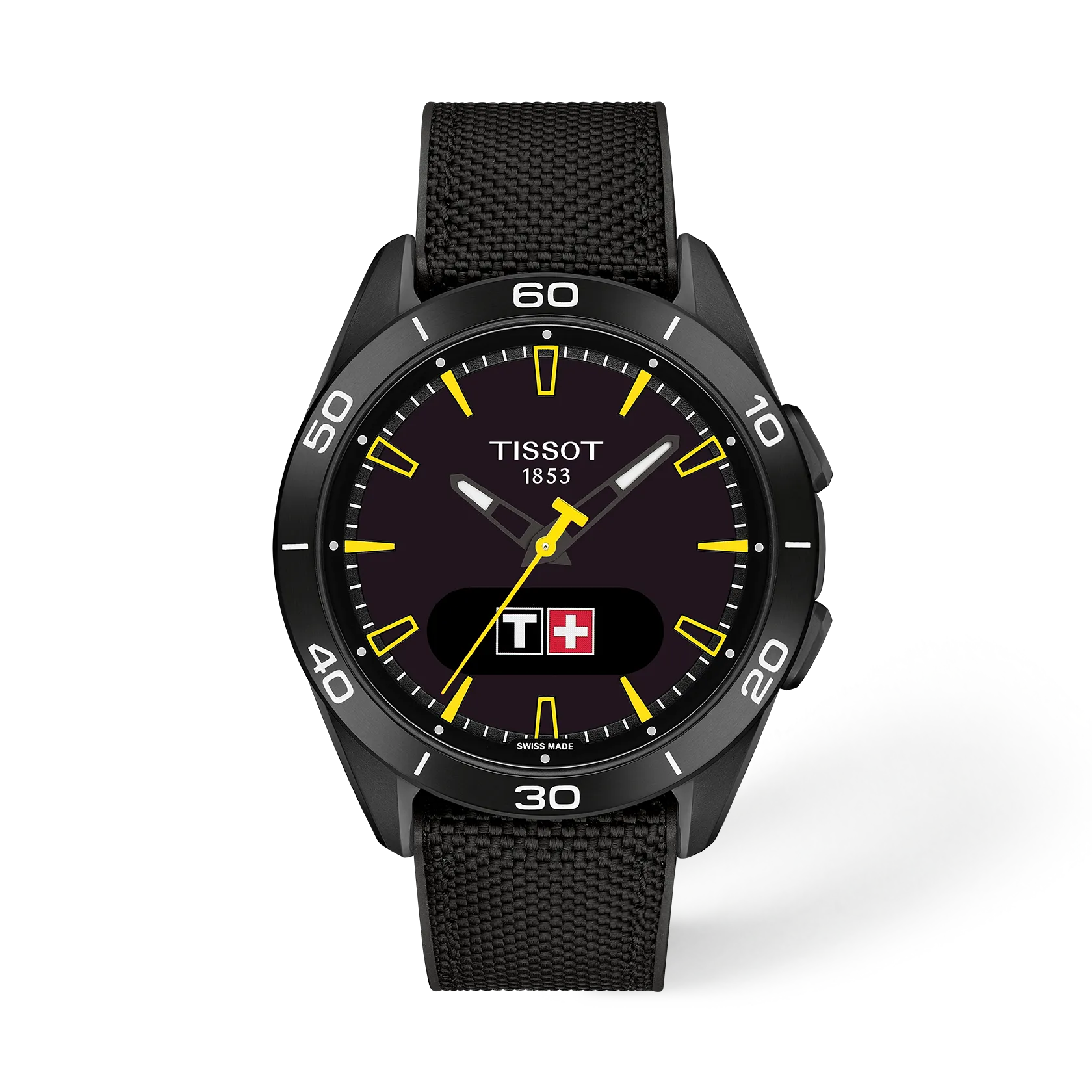 그림자가 있는 티쏘 T-터치 커넥트 스포츠 융프라우 시계의 전면 보기