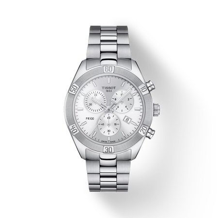 มุมมองด้านหน้าของนาฬิกา Tissot PR 100 Sport Chic Chronograph พร้อมเงา