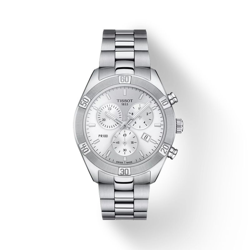 Front view of the watch Tissot PR 100 Sport Chic Chronograph with shadow