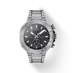 그림자가 있는 티쏘 T-레이스 크로노그래프 시계의 전면 보기