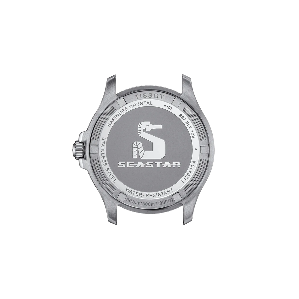 Rückansicht des Gehäuses der Uhr Tissot Seastar 1000 40mm