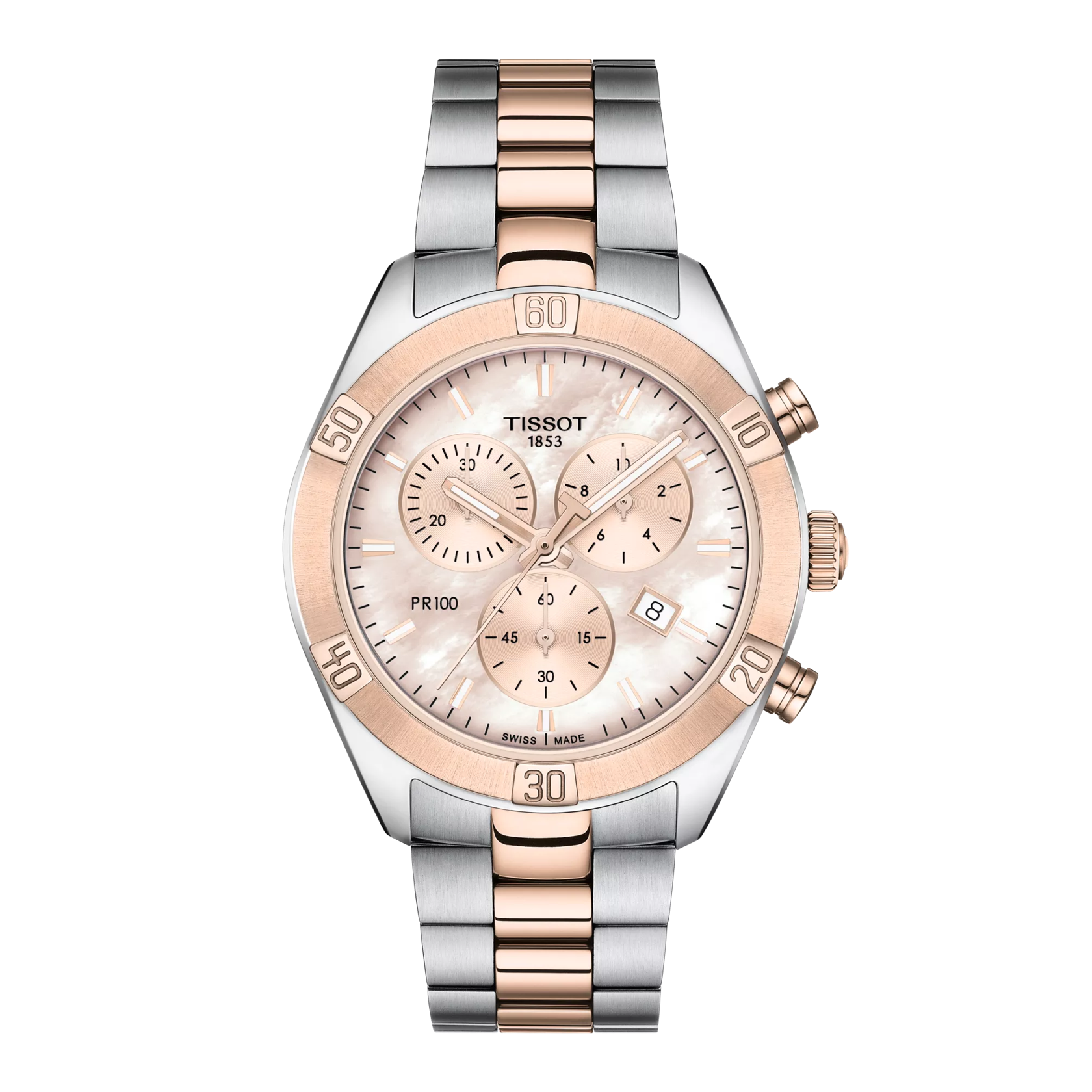 Vooraanzicht van het horloge Tissot PR 100 Sport Chic Chronograph