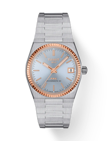 Vorderansicht der Uhr Tissot PRX Goldlünette 35mm mit Schatten