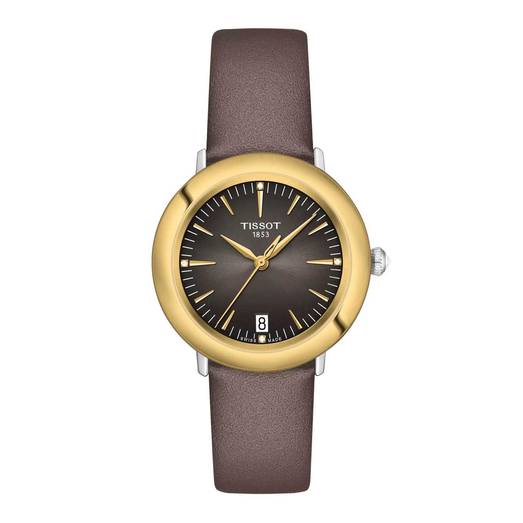 Front view of the watch Tissot Glendora Gold 33mm