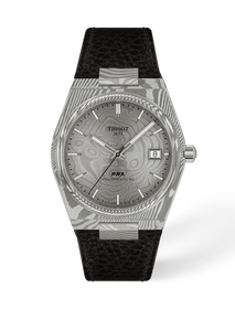 Front view of the watch Tissot PRX Damascus Steel 38mm with shadow
