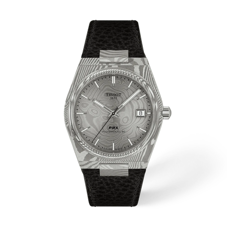 Front view of the watch Tissot PRX Damascus Steel 38mm with shadow