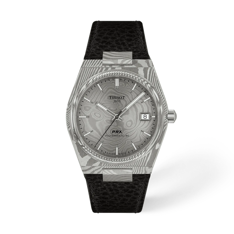 Front view of the watch Tissot PRX Damascus Steel 38mm with shadow