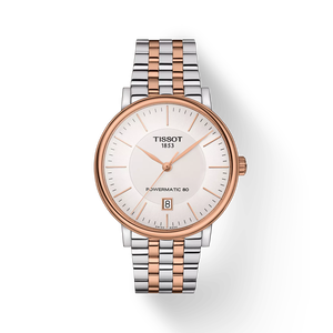 Front view of the watch Tissot Carson Premium Powermatic 80 with shadow