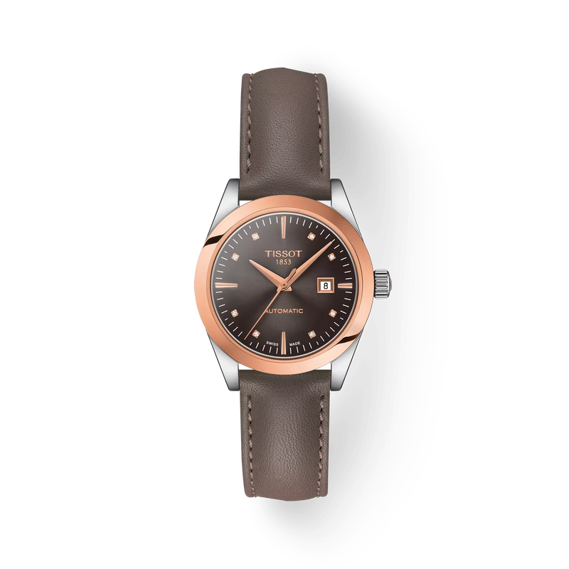 Front view of the watch Tissot T-My Lady Gold 29mm with shadow