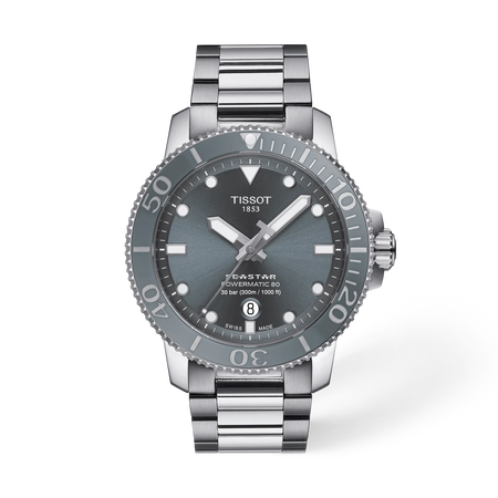 Front view of the watch Tissot Seastar 1000 43mm with shadow