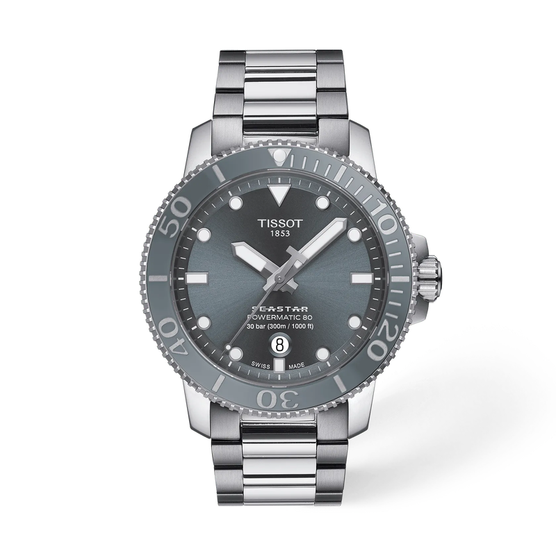 Front view of the watch Tissot Seastar 1000 43mm with shadow