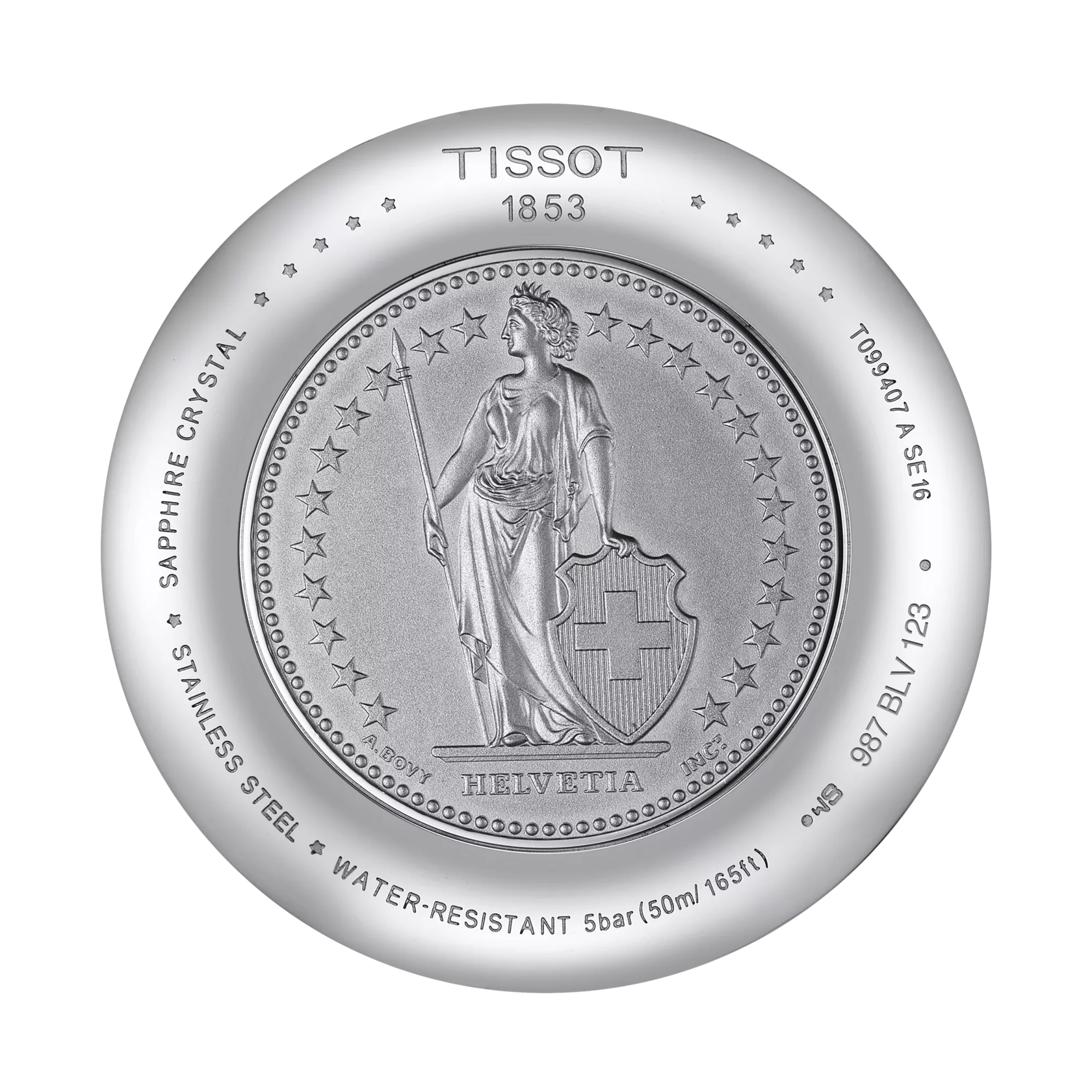 Back view of the watch case Tissot Chemin des Tourelles Powermatic 80 Helvetic Pride Special Edition