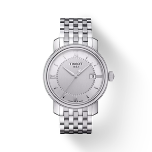 Front view of the watch Tissot Bridgeport with shadow